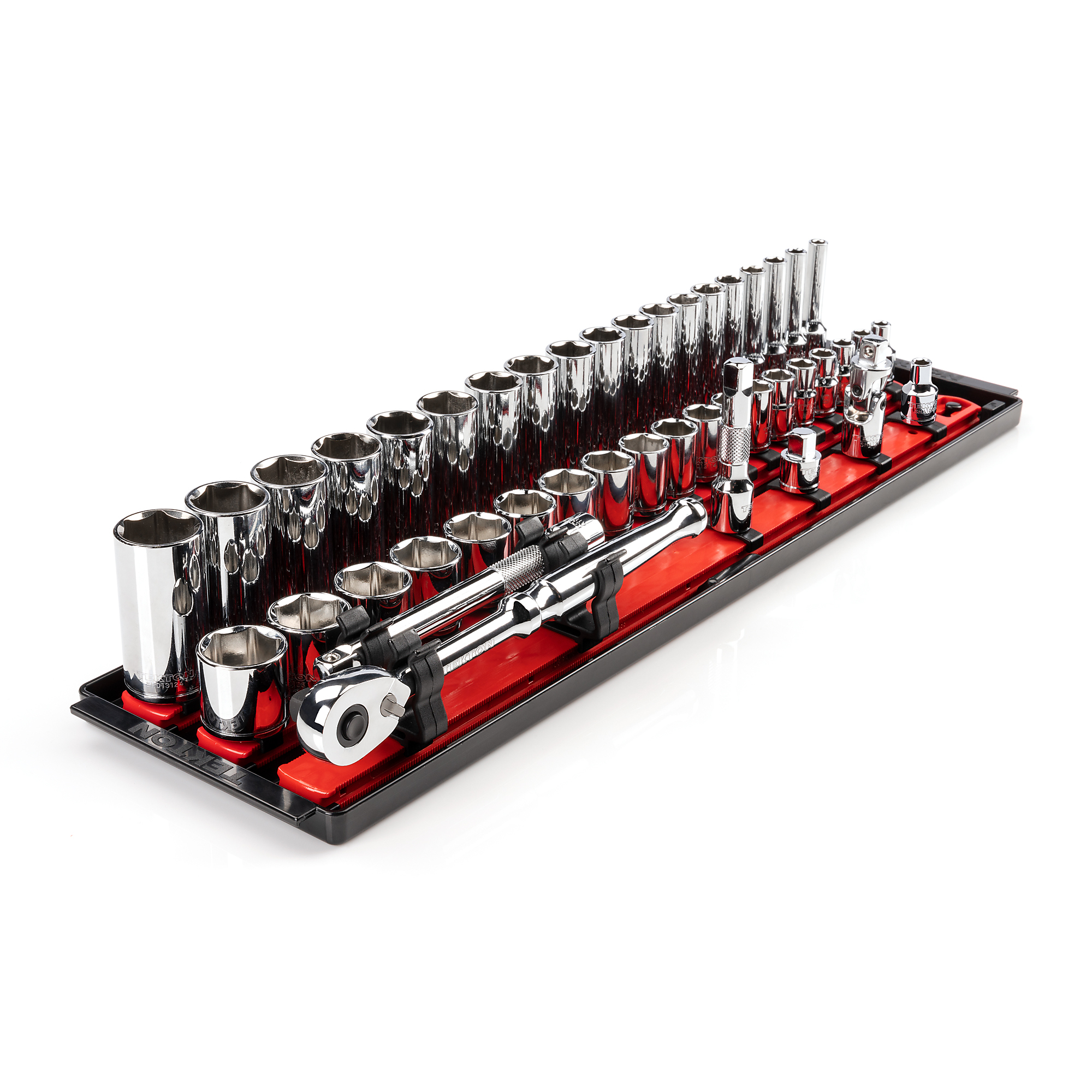 TEKTON 3/8 Inch Drive Shallow and Deep 6-Point Socket and Ratchet Set with Rails and Tray, 44-Piece (6 - 24 mm) | SKT13201